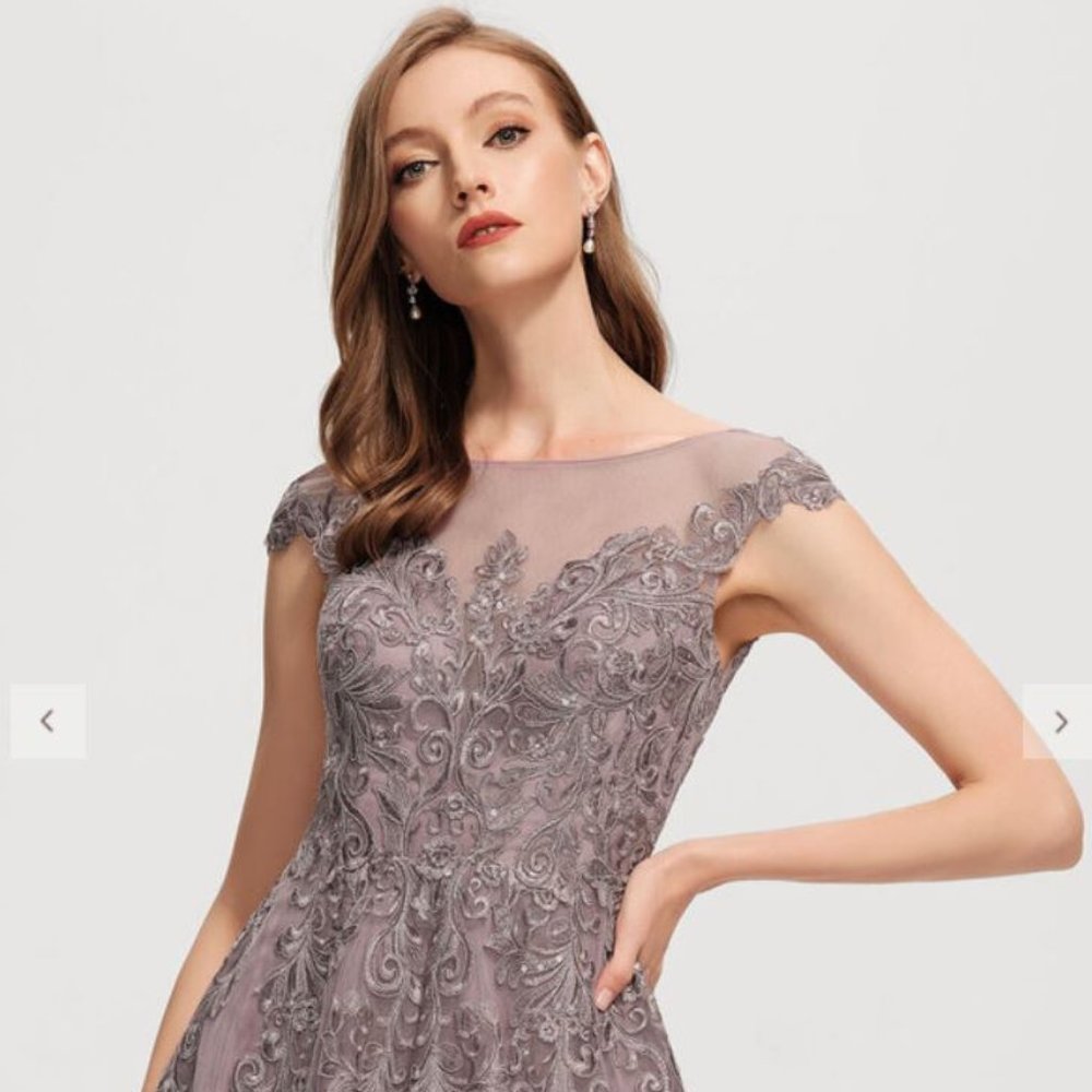 NWT JJ'S House A-Line Scoop Neck Floor-Length Tulle Lace Evening Dress W/Sequins - Picture 4 of 8